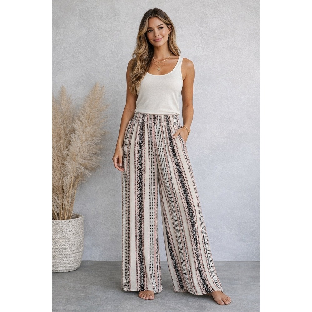 Kori America Smocked Waist Wide Leg Palazzo Pants Stripe Boho Rayon Sz M NWT